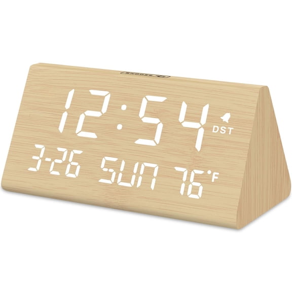 Digital Alarm Clocks For Bedrooms - Wooden Desk Clock With Date Day Of Week Usb Port Temperature Dimmer Bedside Table Living Room Office Adjustable Volume Auto Dst Wood Decor