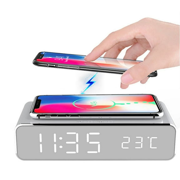 Digital Alarm Clocks For Bedrooms,LED Electric Alarm Digital Clock with Wireless Phone Charger Thermometer Desktop Digital HD Mirror Clock,Silver