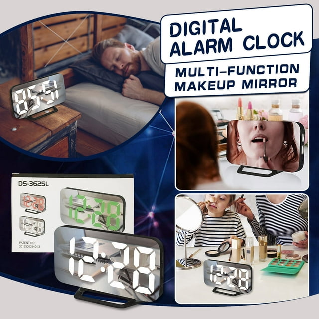 Digital Alarm Clocks LED Mirror Electronic Clock Snooze Mode Auto