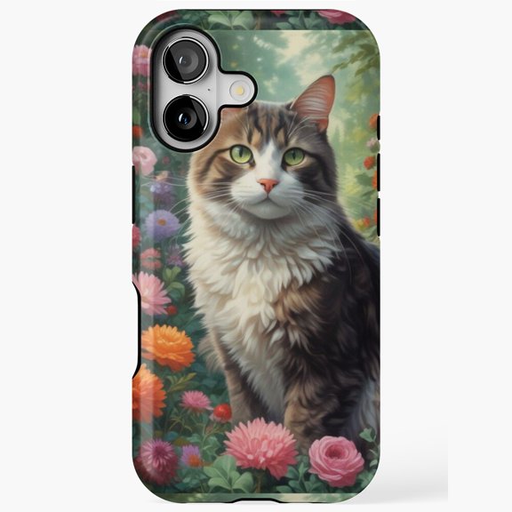 Digital Art Cat with Floral Garden Scene iPhone Case 17 to 11 Pro Max