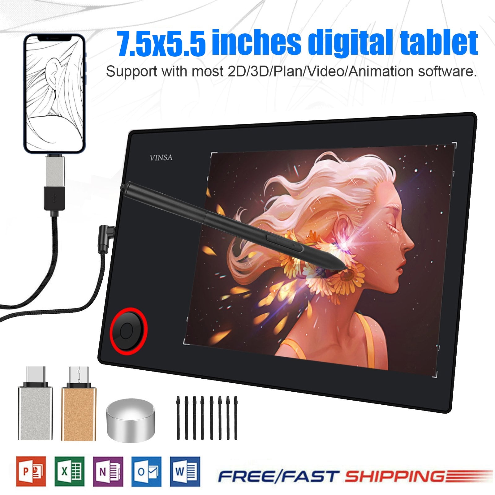Digital Art Tablet, TSV 7.5 x 5.5 Graphics Drawing Tablet with 8192 Levels  Passive Stylus Fit for Drawing, E-Learning/Online Classes