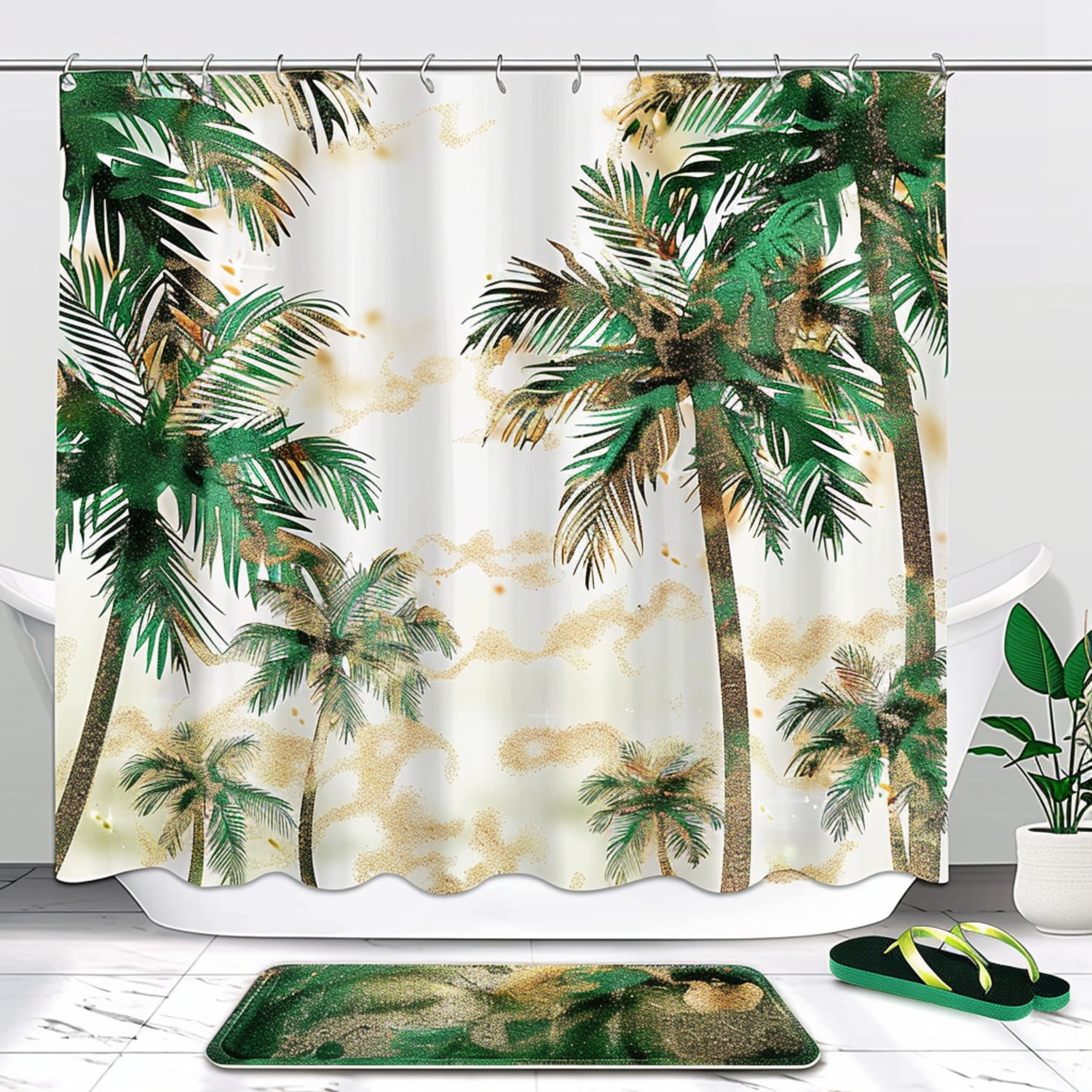 Digital Art Tropical Palm Tree Bathroom Decor Set with Gold Glitter