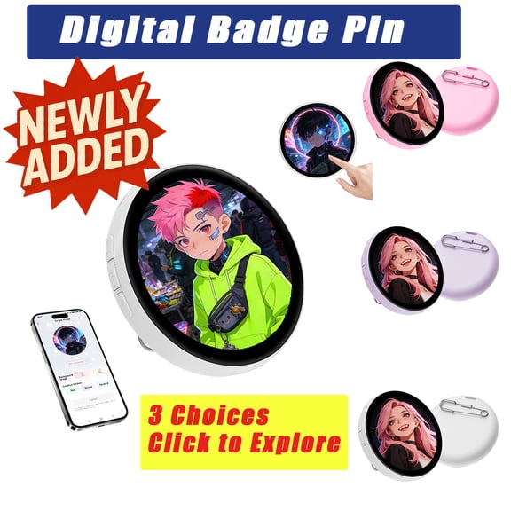 Digital Badge Pin,2-inch Touchscreen LED Digital Badge,GIF,Video,and Photo Display,Smart E-Pin,Premium Metal Construction,18-Hour Battery Life,Ideal for Anime,Events,and Cosplay