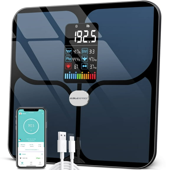 ABLEGRID Digital Body Weight Scales, Smart Scale for Body Weight and Fat, Large Display, 16 Body Composition Metrics BMI Weight Scale with APP, 400lb, Rechargeable