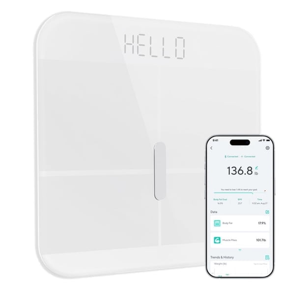 Digital Bathroom Scale for Body Weight, BMI, Body Fat, Muscle Mass, Heart Rate Monitor | ITO Glass & LED Backlight | Batteries Included, 400 lbs (White)