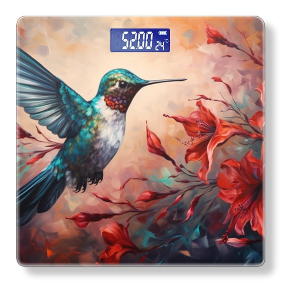 Digital Bathroom Scale with Large LCD Display,High Capacity Scale 400 lbs High Precision body fat scale-Oil Painting Of Hummingbird In Flight With Red Flowers