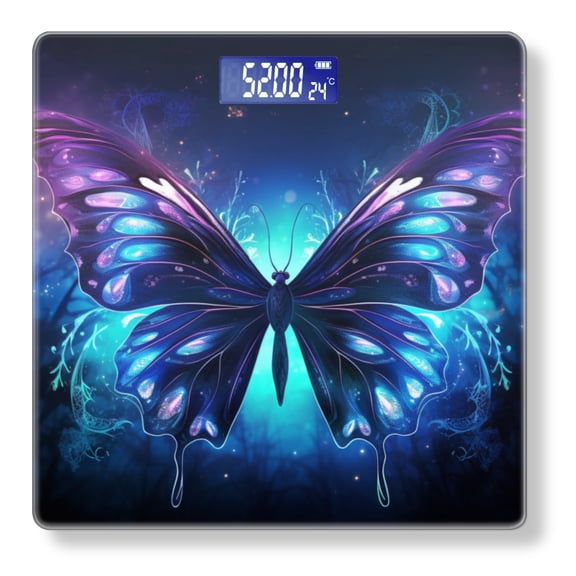 Digital Bathroom Scale with Large LCD Display,High Capacity Scale 400 lbs High Precision body fat scale-Beautiful Butterfly Fantasy Style Glowing Blue And Purple Colors