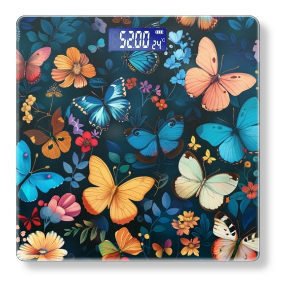 Digital Bathroom Scale with Large LCD Display,High Capacity Scale 400 lbs High Precision body fat scale-Colorful Butterflies And Flowers On Dark Blue Background