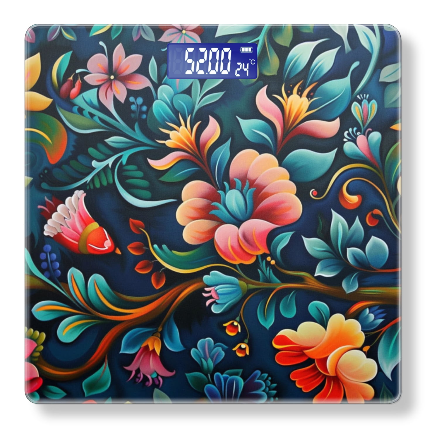Digital Bathroom Scale with Large LCD Display,High Capacity Scale 400 lbs High Precision body fat scale-Colorful Pattern Of Flowers And Leaves On Dark Background