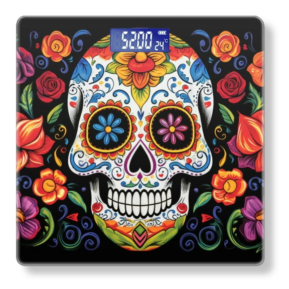 Digital Bathroom Scale with Large LCD Display,High Capacity Scale 400 lbs High Precision body fat scale-Illustration Of Skull With Colorful Floral Design