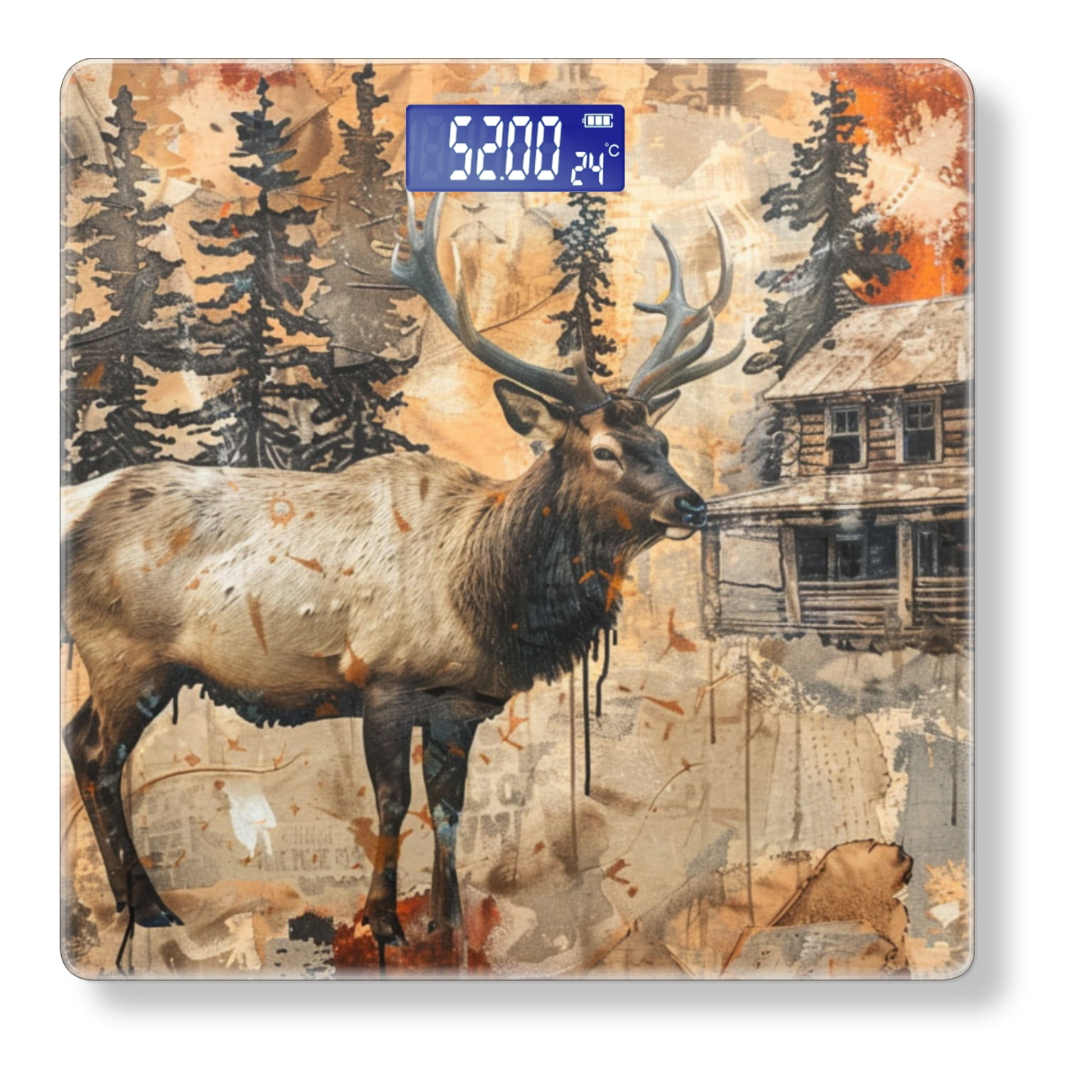 Digital Bathroom Scale with Large LCD Display,High Capacity Scale 400 lbs High Precision body fat scale-Old Log Cabin Pine Trees With Deer And Warm Colors
