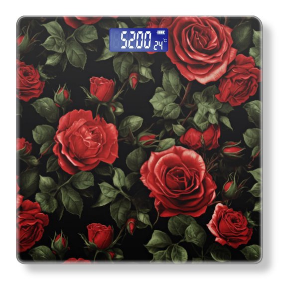 Digital Bathroom Scale with Large LCD Display,High Capacity Scale 400 lbs High Precision body fat scale-Pattern Of Red Roses With Green Leaves On Black Background