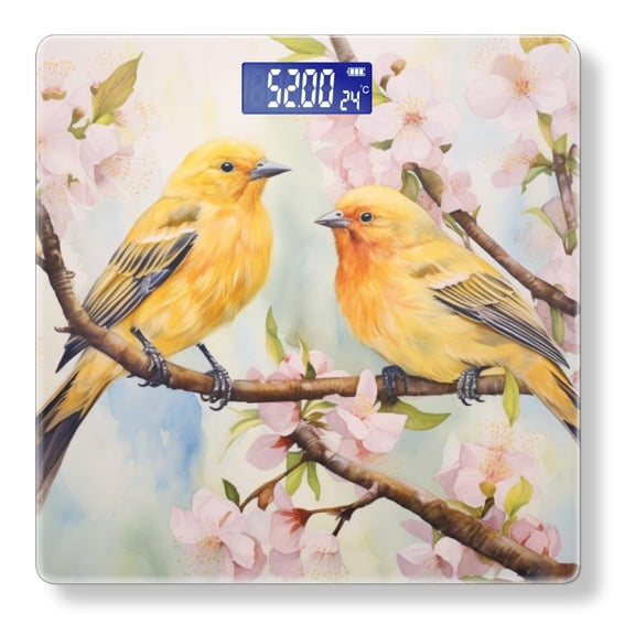 Digital Bathroom Scale with Large LCD Display,High Capacity Scale 400 lbs High Precision body fat scale-Two Yellow Canary Birds Perched On Cherry Blossom Tree Branches