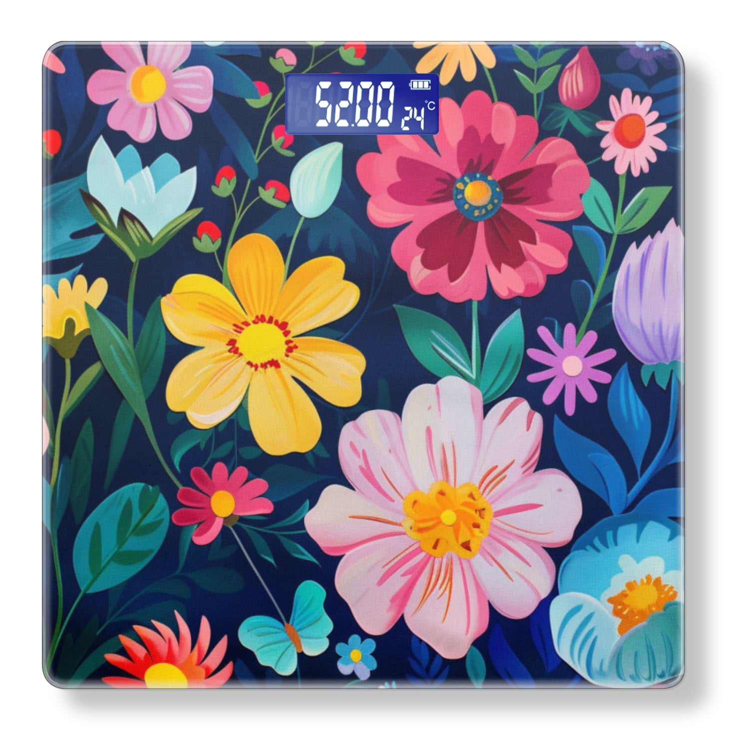 Digital Bathroom Scale with Large LCD Display,High Capacity Scale 400 lbs High Precision body fat scale-Vibrant And Colorful Floral Pattern On Dark Blue Background