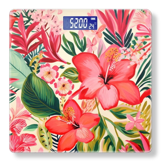 Bathroom Scale, Highly Accurate Digital Body Scale,Precisely Measures Weight up to 400 lbs-Vibrant And Colorful Pattern Featuring Pink Hibiscus Flowers