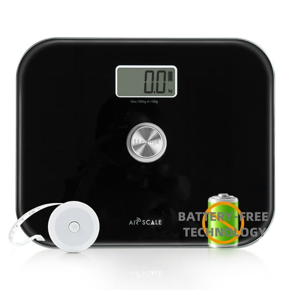 Digital Bathroom Scale with Tape, Battery-Free Tech, Highly Accurate Body Weighing Scale, Press-on and Auto-Off, Easy-to-Read LCD Display, Wide Platform with Precision sensors, 397lbs Black