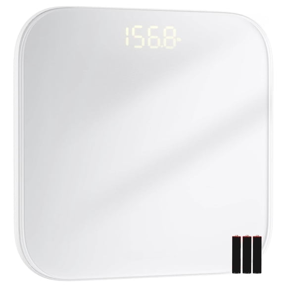 Digital Bathroom Scale for Body Weight, Accurate Weight Scale with Sturdy Tempered Glass, LED Display, Step-on, Compact, Batteries Included, White