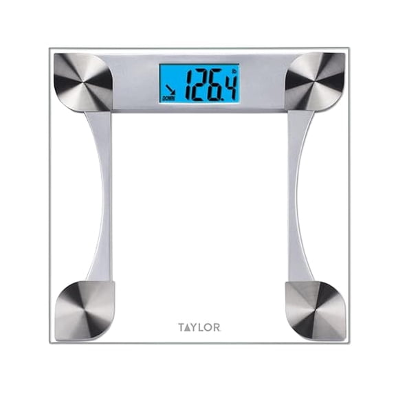 Digital Bathroom Scale for Body Weight Large 12.2 Inch Glass Platform Blue Backlit LCD Display 440 lb Capacity Weight Tracking 2 Users Clear
