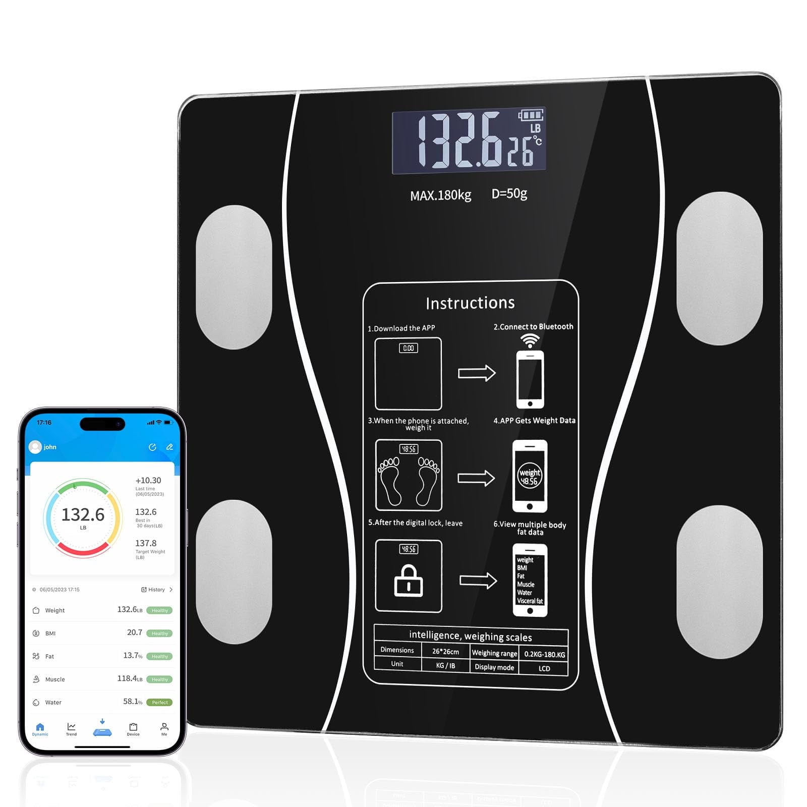 Digital Bathroom Scale with Bluetooth, Accurate Body Composition Measurement, Muscle Mass, BMI, and Body Water Analysis - Black