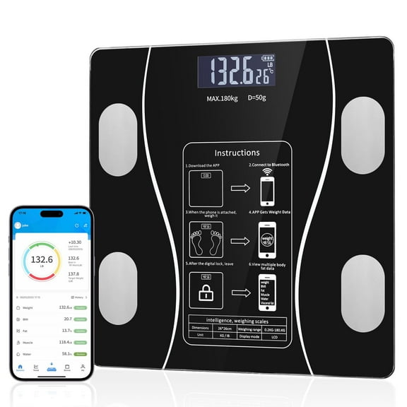 Digital Bathroom Scale with Bluetooth, Accurate Body Composition Measurement, Muscle Mass, BMI, and Body Water Analysis - Black