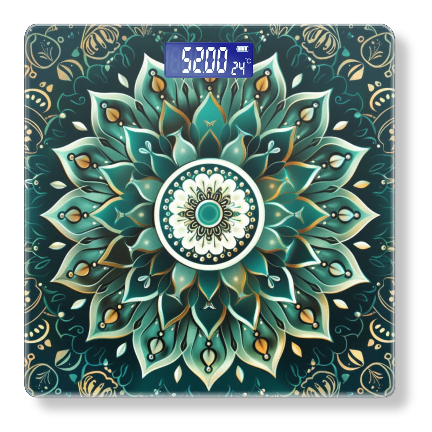Digital Bathroom Scale with Large LCD Display,High Capacity Scale 400 lbs High Precision body fat scale-Mandala Pattern With Teal And Gold Colors