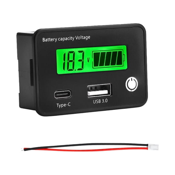 Digital Battery Monitor Battery Capacity Voltage Meter with LCD Display Green Backlight, Battery Voltage Temp Indicator Gauge