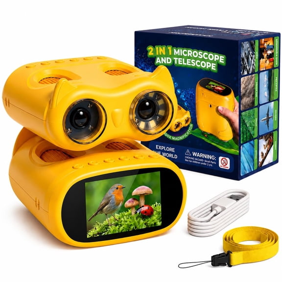 Digital Binoculars & Microscope 2-in-1 with 2MP Camera, 2.0" IPS Screen, 8 LED Lights, 15 Slides, Photo & Video, Rechargeable STEM Toy for Outdoor Exploration