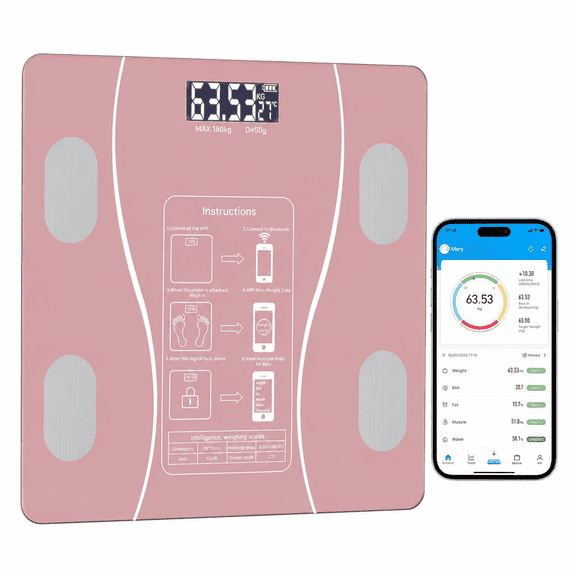 Digital Body Fat Scale Connected to Mobile Displays BMI Body Fat Muscle Mass with Wireless Connectivity, Pink