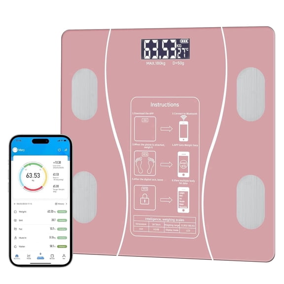 Digital Body Fat Scale Connected to Mobile Displays BMI Body Fat Muscle Mass with Wireless Connectivity, Pink