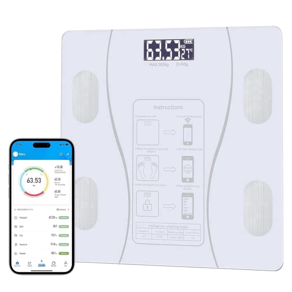 Digital Body Fat Scale Connected to Mobile Displays BMI Body Fat Muscle Mass with Wireless Connectivity, White