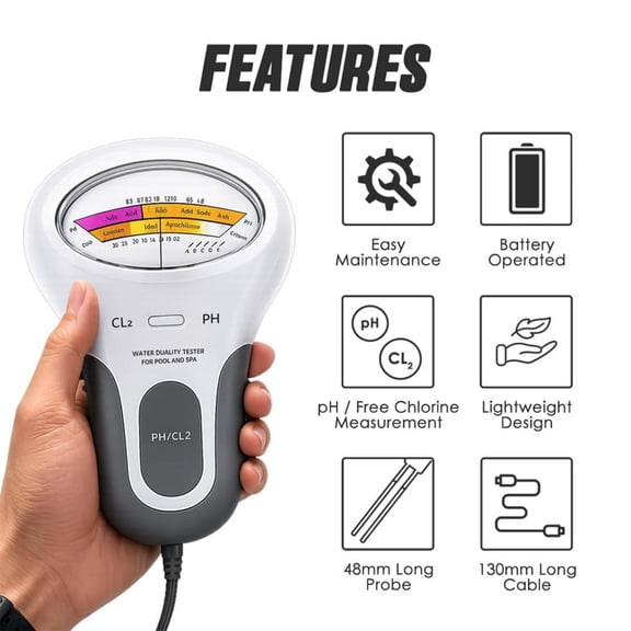 Digital CL2 PH Test Meter Tester Water Quality Meter Portable PH Tester for Swimming Pool Spa Hot Tub Aquarium Hydroponics Drinking Water