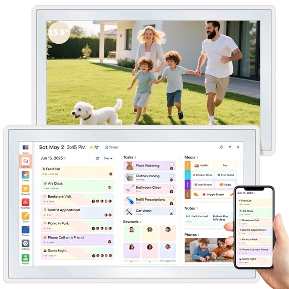 TRONIC MASTER 15.6" Smart Digital Wall Calendar - 1080p HD Touchscreen Family Electronic Planner with Chore Chart & Meal Planning, Sky-High Organization in a Light-Weight Design