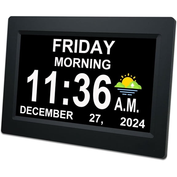 Digital Calendar Alarm Clock - Dementia Clocks for Seniors, Non-Abbreviated Memory Loss Clock with Date and Time for Elderly (White)
