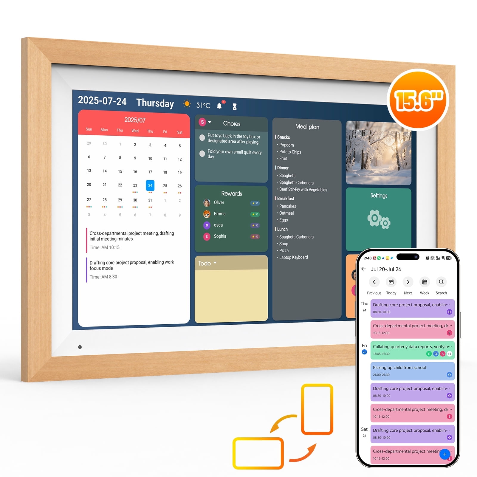 AEEZO Wifi15.6" Smart Digital Calendar  – 1920×1080 Full HD Touchscreen Family Planner & Calendar with Chore Chart & Meal Planner, Wall-Mountable,Black+ Wooden Frame