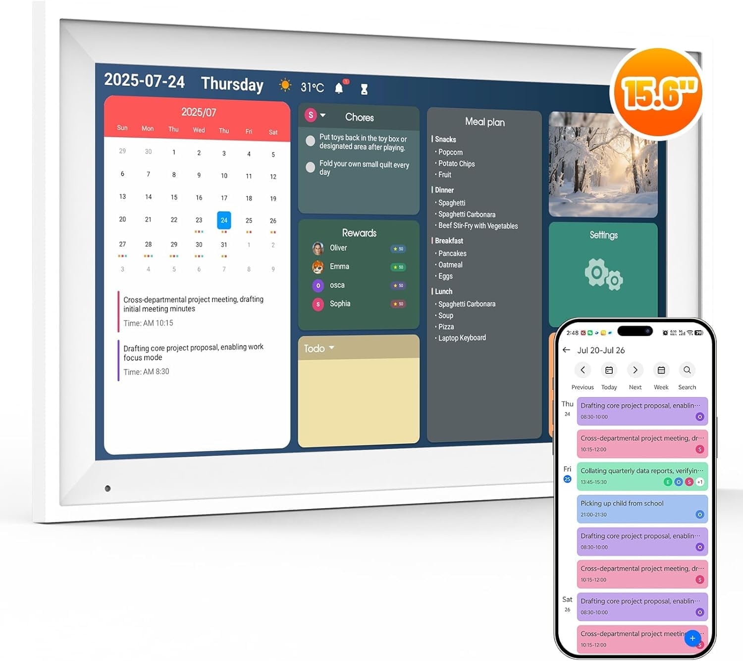 AEEZO Wifi15.6" Smart Digital Calendar – 1920×1080 Interactive Touchscreen Family Planner & Calendar with Chore Chart & Meal Planner, Wall-Mountable,White+Plastic Frame