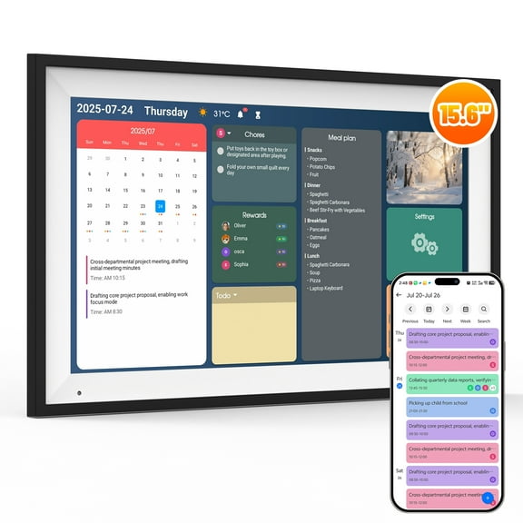 AEEZO Wifi15.6" Smart Digital Calendar – 1920×1080 Full HD Touchscreen Family Planner & Calendar with Chore Chart & Meal Planner, Wall-Mountable,Black+Plastic Frame