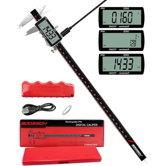 Digital Caliper 12Inch, 0.001" High Precision, Rechargeable & IP54 Calipers Measuring Tool, Stainless Steel Vernier Caliper 300mm with Large LCD, MM/Inch/F, Rubber Grip for 3D Printing, Machine Shop