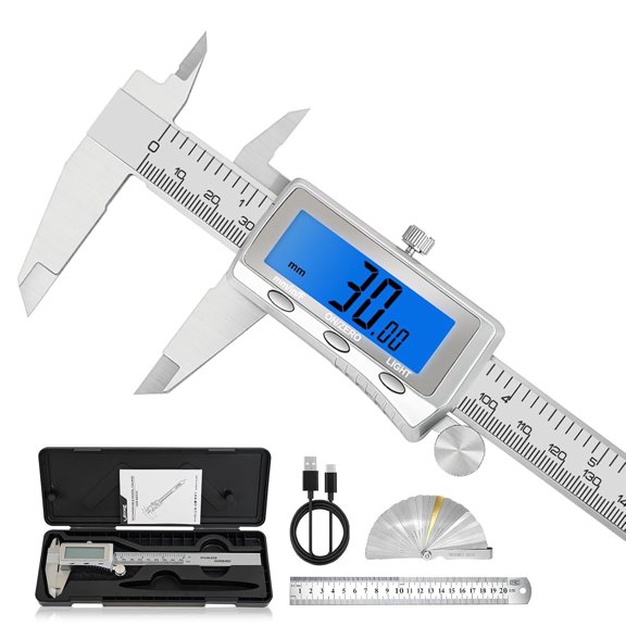 Digital Caliper 6 Inch, Rechargeable Calipers with Backlight LCD Screen, Stainless Steel Caliper Measuring Tool, Auto-Off Micrometer, Inch/MM/Fraction Conversion for 3D-Printing/DIY/Household