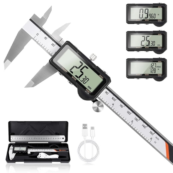 Digital Caliper 6 Inch, Rechargeable Calipers with One-Key Reset Setting, Inch/mm/Fraction Conversion, Large LCD Screen Auto-Off, Measuring Tool for DIY, 3D Printing, Jewelry Woodworking Hobby
