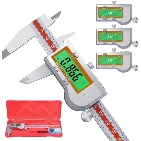Digital Caliper Measuring Tool, Stainless Steel Digital Micrometer Vernier Caliper, with Backlight LCD, Auto-Off Feature, IP54 Splash Proof Protection and Inch Metric Conversion 6 Inch/150 mm