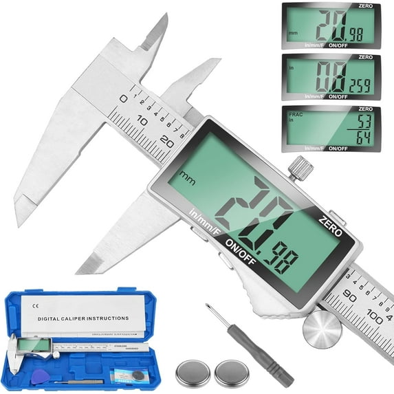 Digital Caliper Measuring Tool, Stainless Steel Vernier Caliper Digital Micrometer with Large LCD Screen, Easy Switch from Inch Metric Fraction, 6 Inch Caliper Tool for DIY/Household