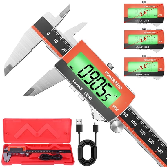 Digital Caliper, Rechargeable 6 inch Vernier Caliper with Large LCD Screen Stainless Steel Electronic Measuring Tool with Fraction/Inch/Metric Conversions, Auto-Off Feature