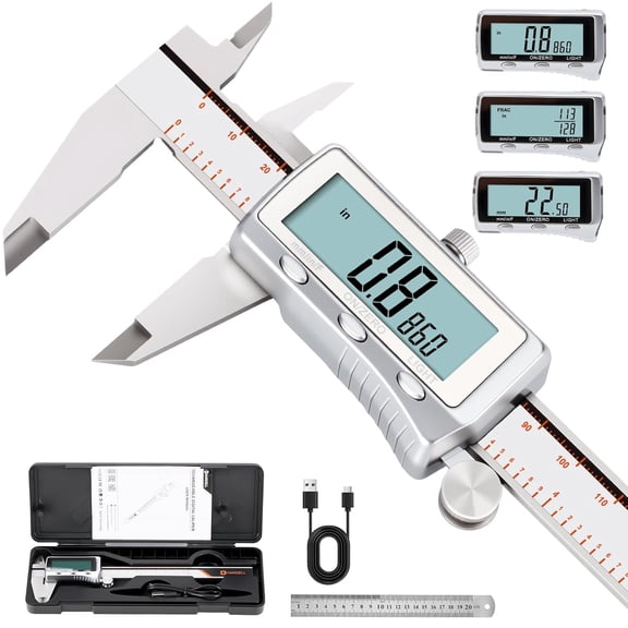 Digital Caliper, Rechargeable Caliper Measuring Tool with Backlight LCD Screen, All Metal Calipers, Auto-Off Micrometer, Inch/MM/Fraction for Houhold/3D-Printing-Rechargeable 6 Inch