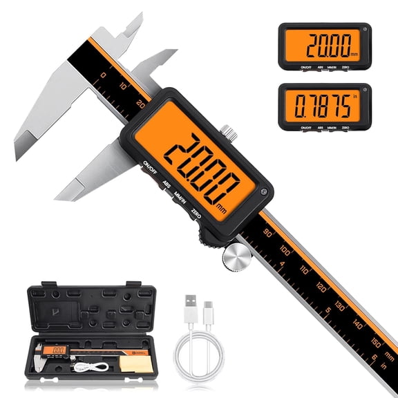 Digital Caliper, Rechargeable Calipers with Large Orange Screen (No Backlight), Anti-Glare LCD & ABS Function, in/MM Caliper Measuring Tool, Stainless Steel Micrometer -Auto Off for Household