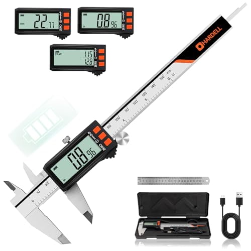 Digital Caliper, Rechargeable Calipers with Power Display, Auto-Off Caliper Large LCD Screen, 6 inch Micrometer, Inch/MM/Fraction for DIY/Household/Jewelers
