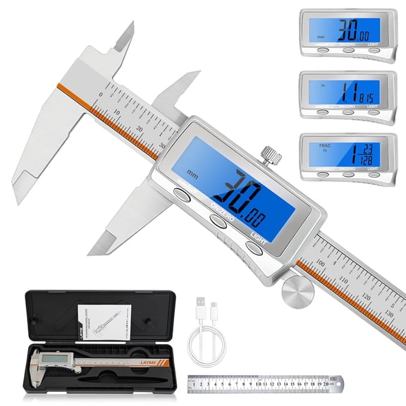 Digital Caliper, Rechargeable Digital Calipers with Backlight LCD & Auto-Off, Stainless Steel Measuring Tool, Inch/MM/Fraction Conversion for 3D Printing DIY Woodworking 6 Inch