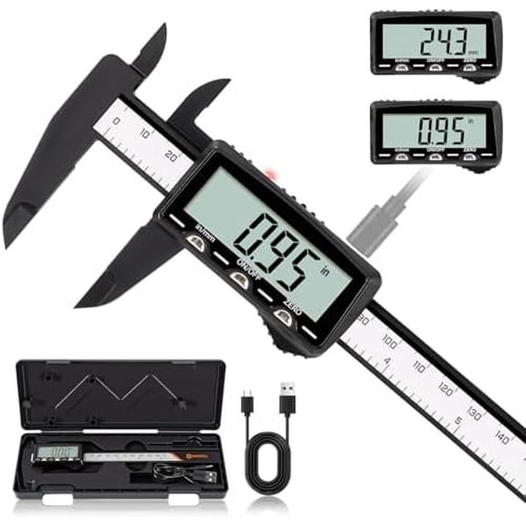 Digital Caliper, Rechargeable Plastic Caliper with Large LCD Screen, in/MM Conversion, Protect Case, Auto-Off Caliper Measuring Tool for Household, Watch, , DIY, 6 Inch