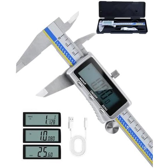 Digital Caliper with USB-C , 6" Stainless Steel Digital Caliper Measuring Tool, 4-in-1 Calipers with Large LCD Screen, Micrometer with MM/in/F Conversion for DIY/Household/-printing