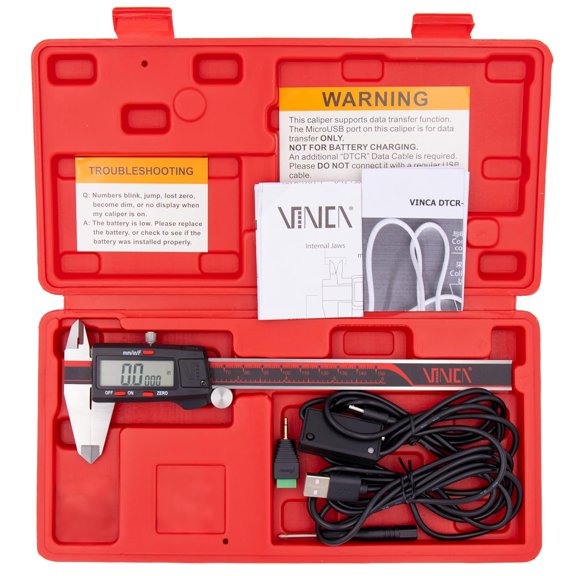 Digital Caliper with Data Cable, DCLA-0605D 0-6 Inch/150mm, Inch/Millimeter/Fraction Conversion, Stainless Steel, Large LCD Screen