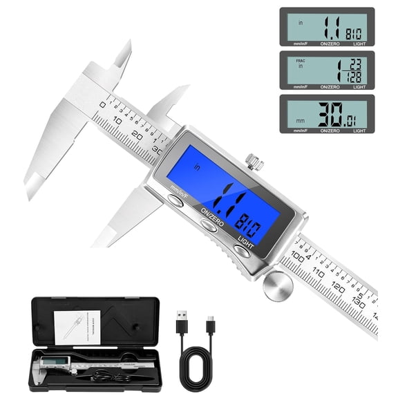 Digital Calipers Measuring Tool 6 Inch | Rechargeable Digital Vernier Caliper with Backlit LCD Screen, Auto-Off | Inch/MM/Fraction Easy Conversion, Stainless Steel Electronic Caliper for DIY